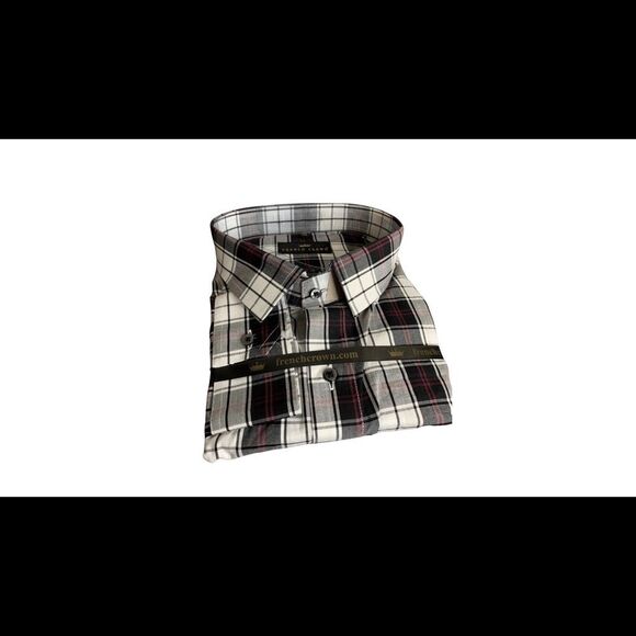 French Crown Plaid Cotton Button Down Shirt Black Purple - Picture 3 of 8